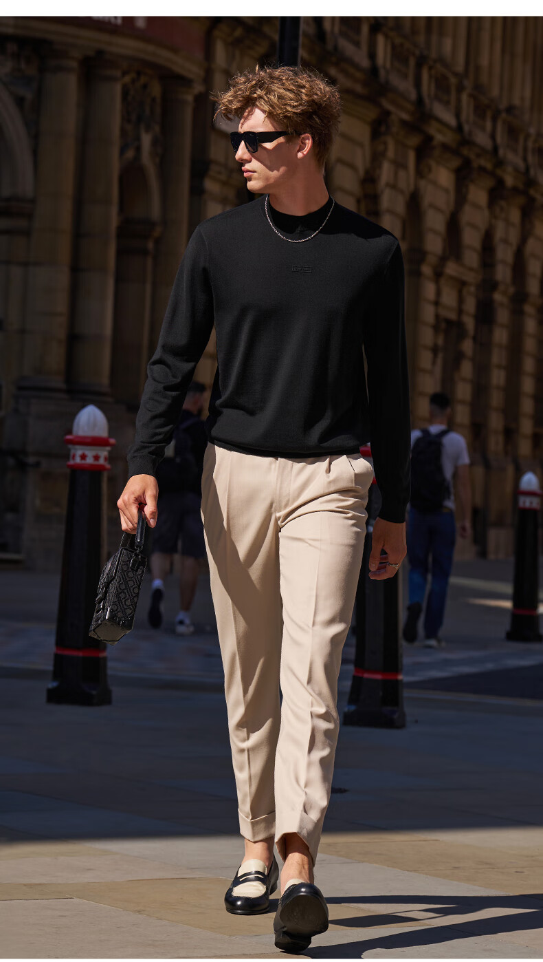 Mr.Bu Fashion Machine-Washable Wool Sweater Men Autumn Winter Simple Solid Color Knitwear Piano Black M (170) 8