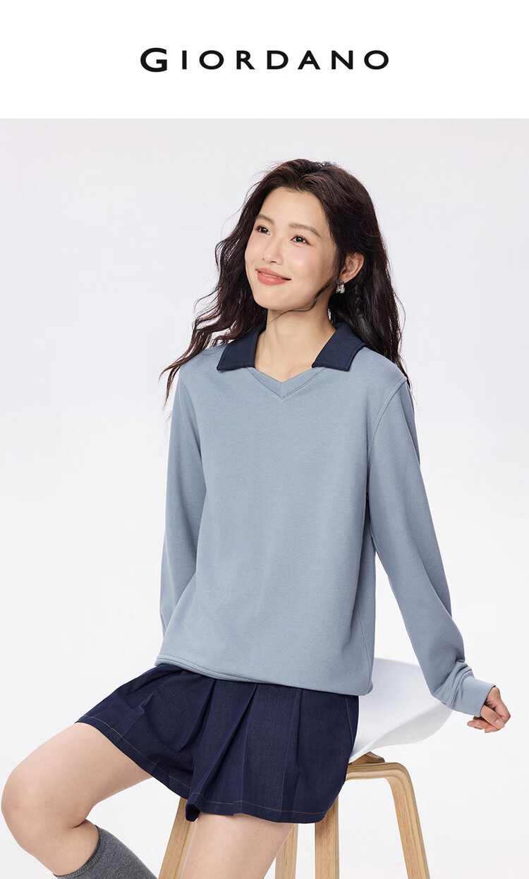 Giordano Women's Autumn Winter New Mist Color Fashion Contrast V-Neck Pullover Sweatshirt 05325807 3
