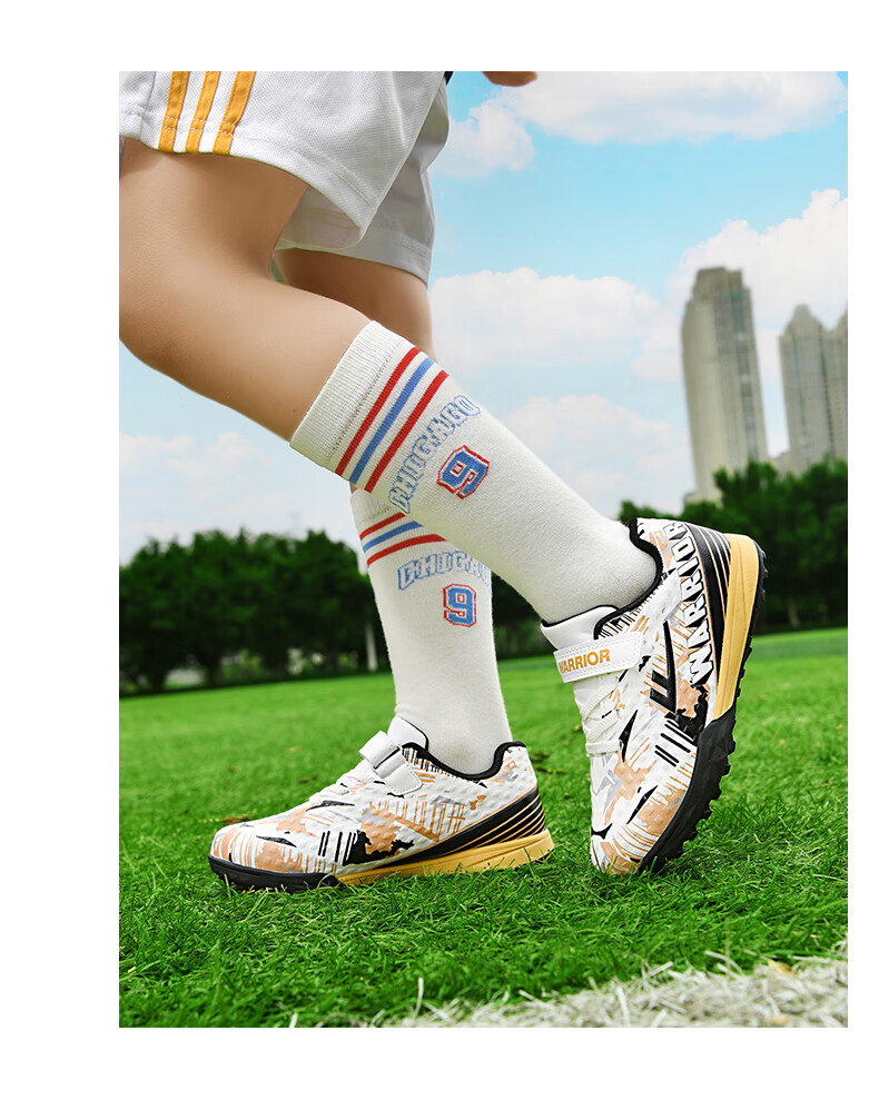 Huili Soccer Cleats with TF Studs, Velcro, No-Tie Design for Men, Women, Children, Students, Campus And Lawn Use, Model 572, Size 29, White And Navy Blue 24
