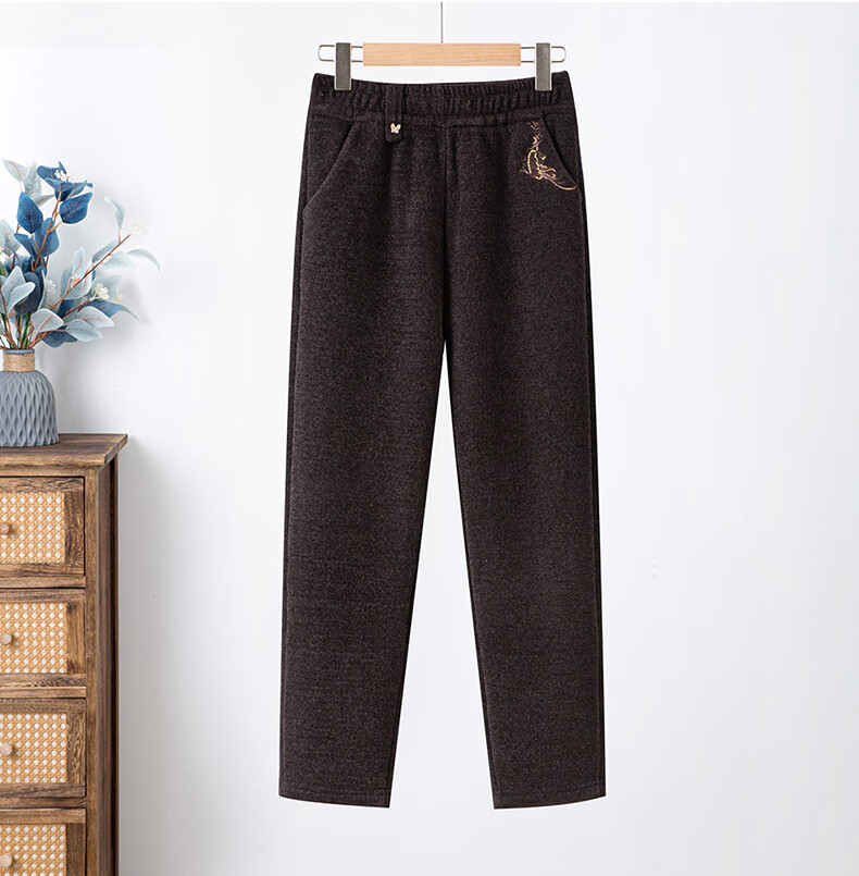 Hengyuanxiang Middle-aged Mom Winter New Thickened Fleece Lined Loose Straight Casual Pants Grandma Style Elastic High Waist Trousers 3