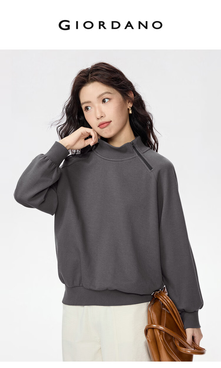 Giordano Women's Autumn Winter New Double-Sided Pullover Sweatshirt Stand Collar Raglan Sleeve Asymmetric Zipper Top 13325756 3