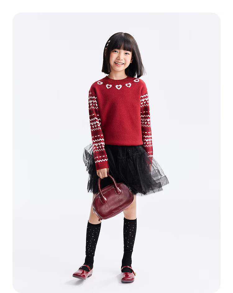 Annil Kids Girls' Crew Neck Long Sleeve Knit Sweater 2025 Winter New Apricot 140 4