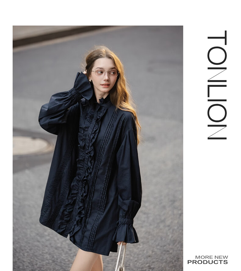 TonLion (TonLion) [Guan Xiaotong Same Style] 2025 Autumn Winter Women's Ruffled Long Sleeve Short Dress Versatile Shirt Dress Trendy 3