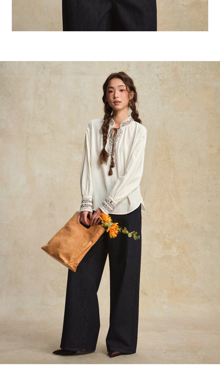 Giordano Designer Women's New Chinese Style Embroidered Tie-Up Stand Collar Loose Long Sleeve Shirt 18345828 13