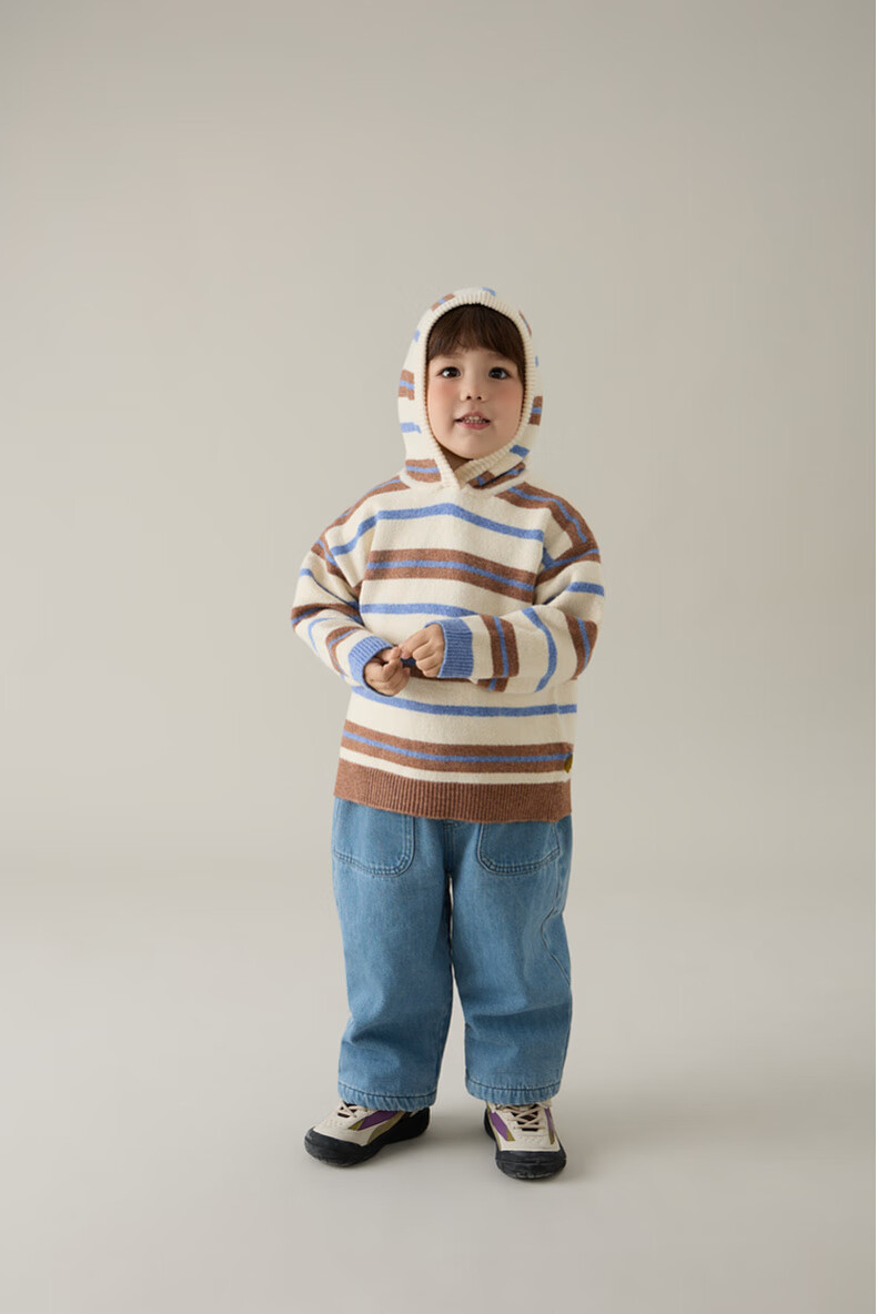 Papapapa Autumn Winter New Children's Sweater Boys and Girls Stylish Striped Hooded Loose Knit Pullover Pink Size 90 2