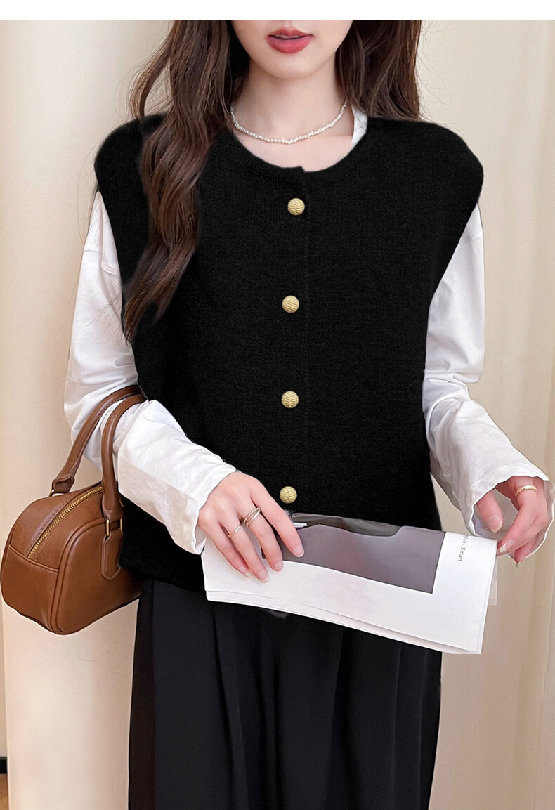 TonLion 2025 Autumn Winter Simple Retro Round Neck Cardigan Vest for Women 7