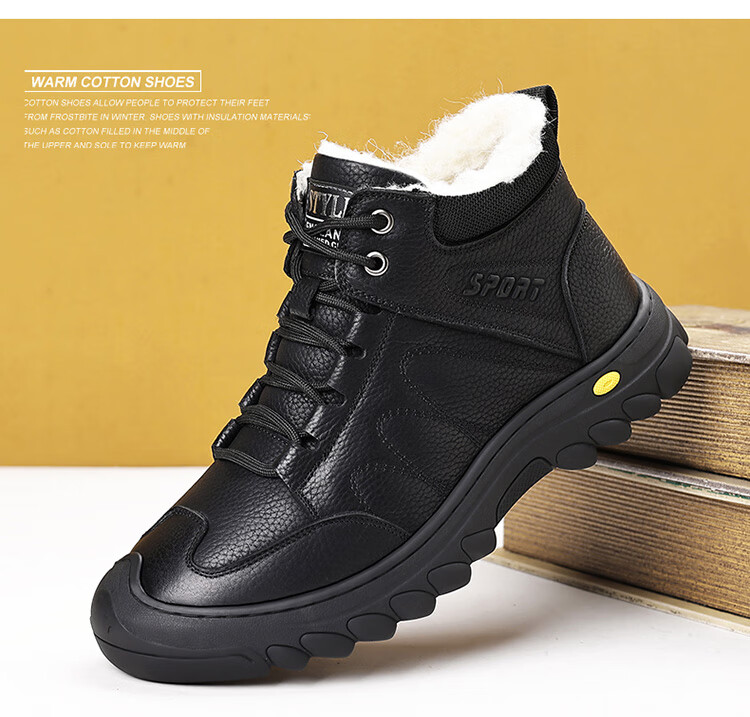Hengyuanxiang Men's First Layer Cowhide Autumn Winter Fleece-lined Martin Boots Lace-up Work Cotton Shoes J0998 Black 39 3