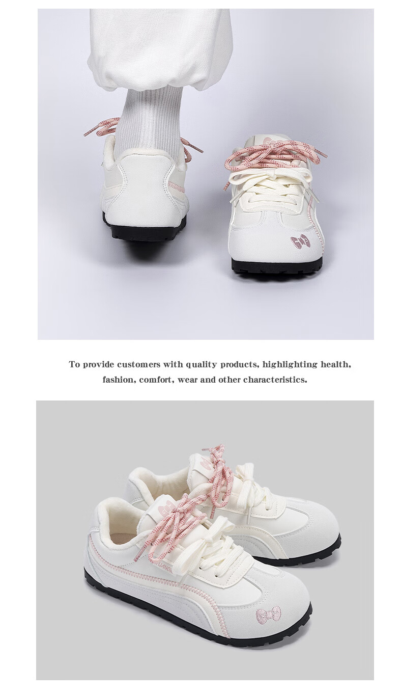 HUANQIU Women's Fleece-Lined Thermal Cotton Shoes 2025 Winter New Flat German Training Shoes Casual White Pink 7
