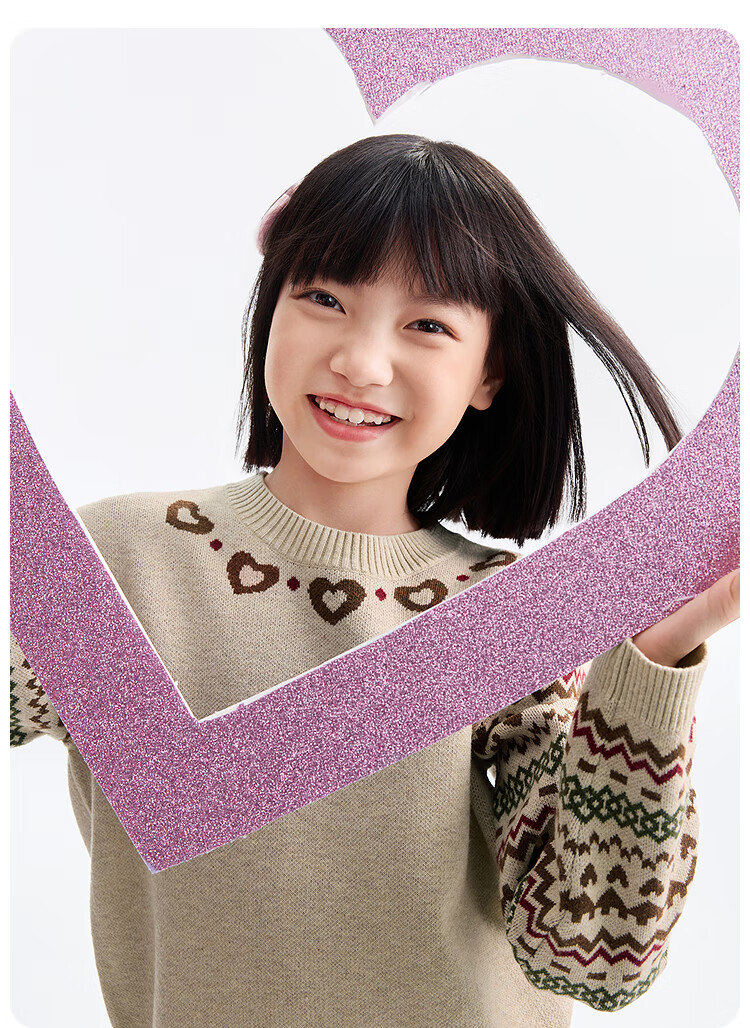 Annil Kids Girls' Crew Neck Long Sleeve Knit Sweater 2025 Winter New Apricot 140 2