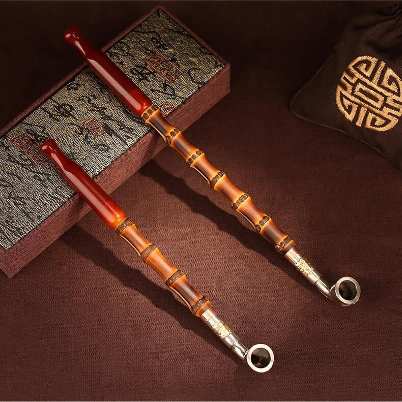 手工加厚白铜镶花烟锅子复古竹节长红玛瑙嘴旱烟袋老式纯铜男烟斗 总