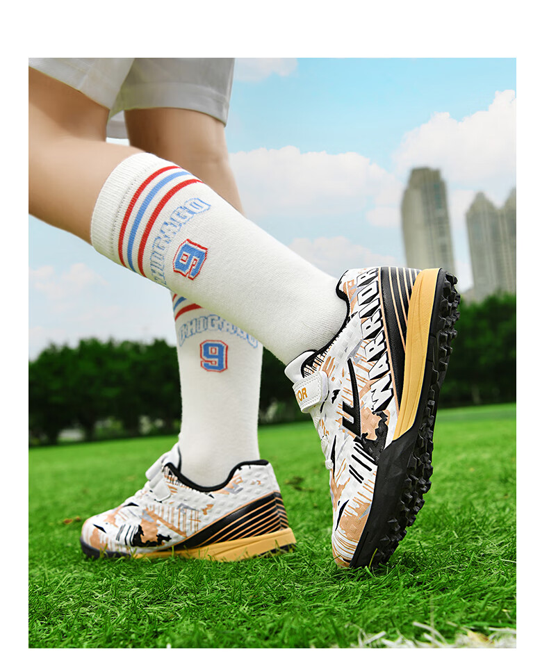 Huili Soccer Cleats with TF Studs, Velcro, No-Tie Design for Men, Women, Children, Students, Campus And Lawn Use, Model 572, Size 29, White And Navy Blue 26