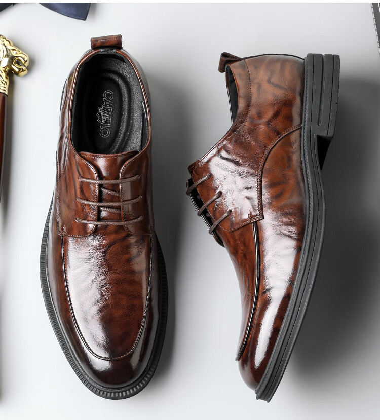 CARTELO British Hand-Grain Top-Layer Cowhide Men's Shoes, Business Casual Men's Leather Shoes, Wedding Shoes, Leather Shoes K062 Black Height-Increasing Size 41 4