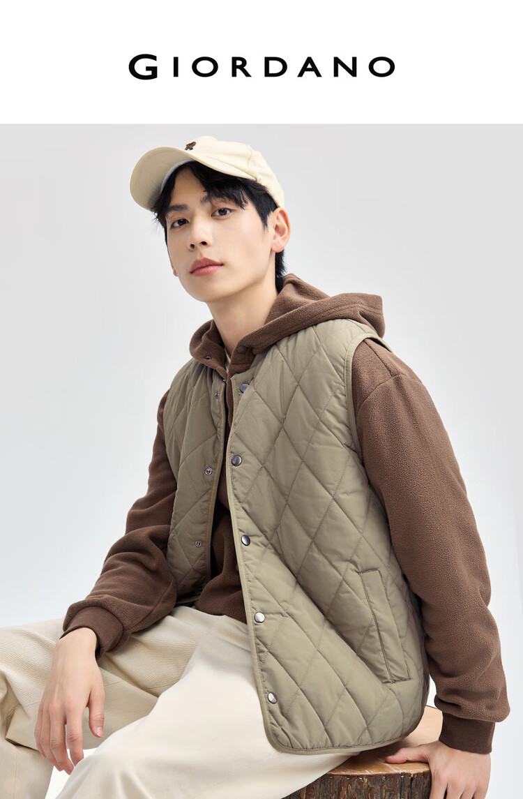 Giordano Men's Autumn Winter New Diamond Pattern Quilted Solid Color Stand Collar Cotton Vest 13075824 3