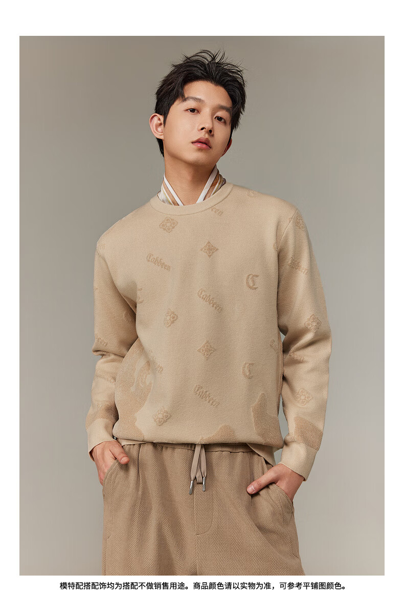CABBEEN Men's Long Sleeve Sweater Logo Combined with Vintage Pattern 2025 Winter Knitwear 5