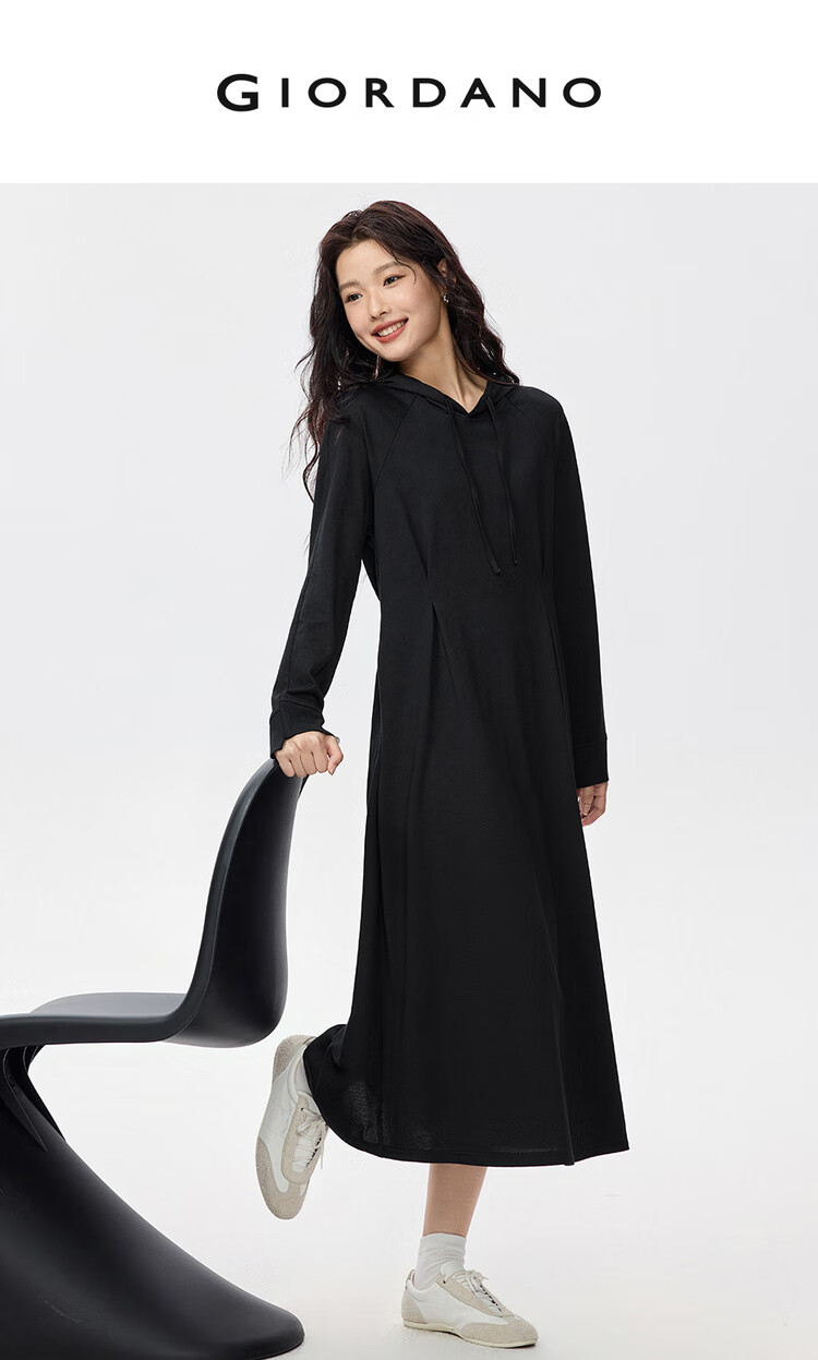 Giordano Women's Long Sleeve Dress New Minimalist Drawstring Hooded Raglan Black Waist Cinched Dress 13465782 3