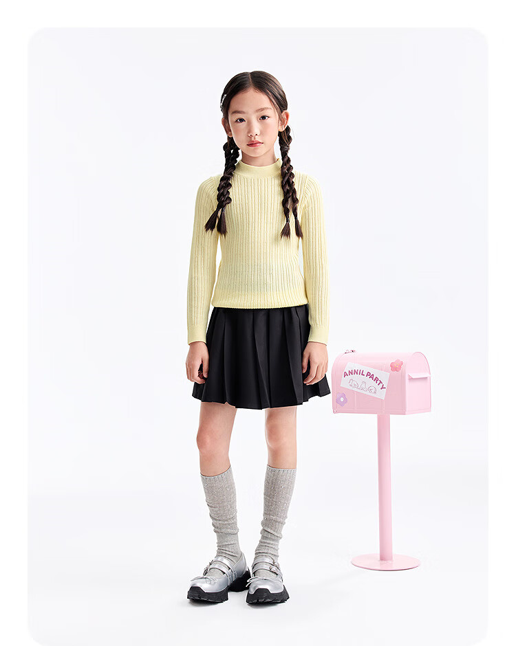 Annil Kids Girls' Mid-Neck Long Sleeve Knit Sweater 2025 Winter New Slim Fit Base Shirt Energetic Pink Size 150 4