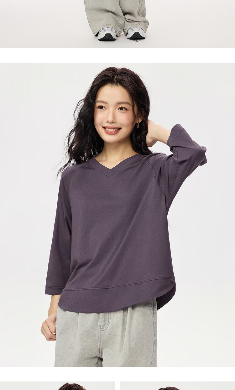 Giordano Women's T-Shirt Autumn New Pure Cotton Solid Color V-Neck Casual Three-Quarter Sleeve Top 05325792 11