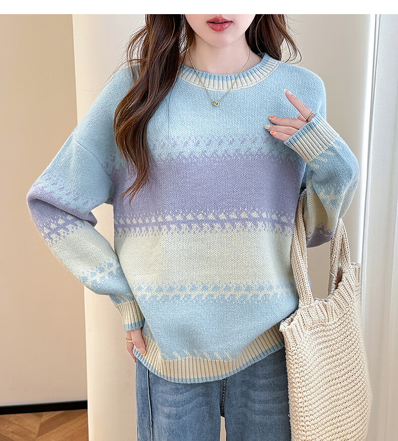 TonLion 2025 Autumn Women's Crew Neck Colorblock Wide Stripe Pullover Sweater Youthful Versatile Korean Casual Fashion 25