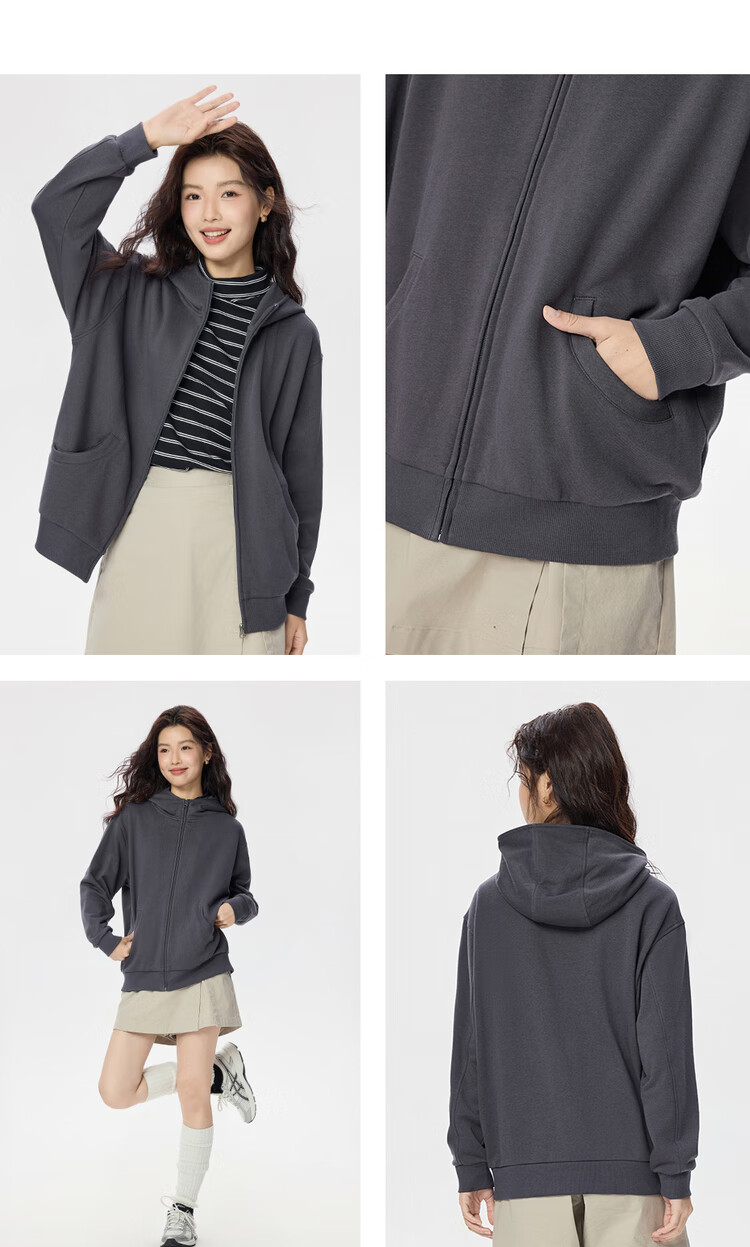 Giordano Women's Autumn Winter New Loose Mid-Length Cleanfit Hooded Zip-Up Sweatshirt 13375185 11
