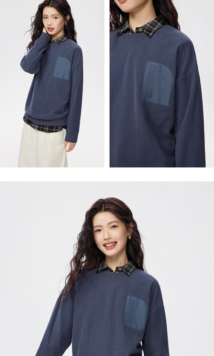 Giordano Women's Fleece Pullover Sweatshirt Autumn Winter New Patchwork Fake Pocket Crew Neck Fleece Top 05325816 12