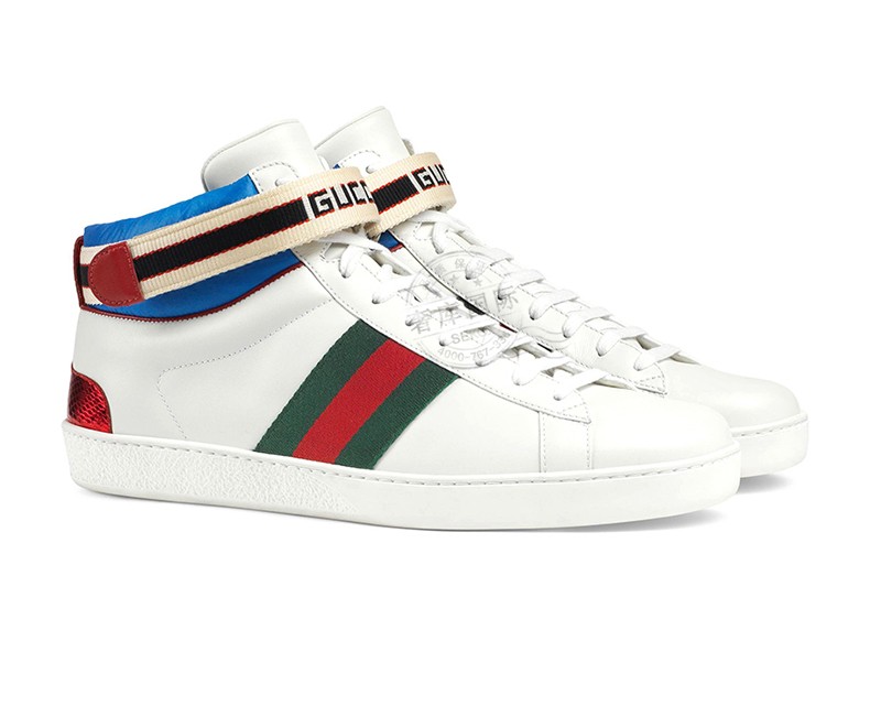 gucci古驰男鞋牛皮爱心 红绿条纹休闲时尚高帮鞋 白色523472 fiw0