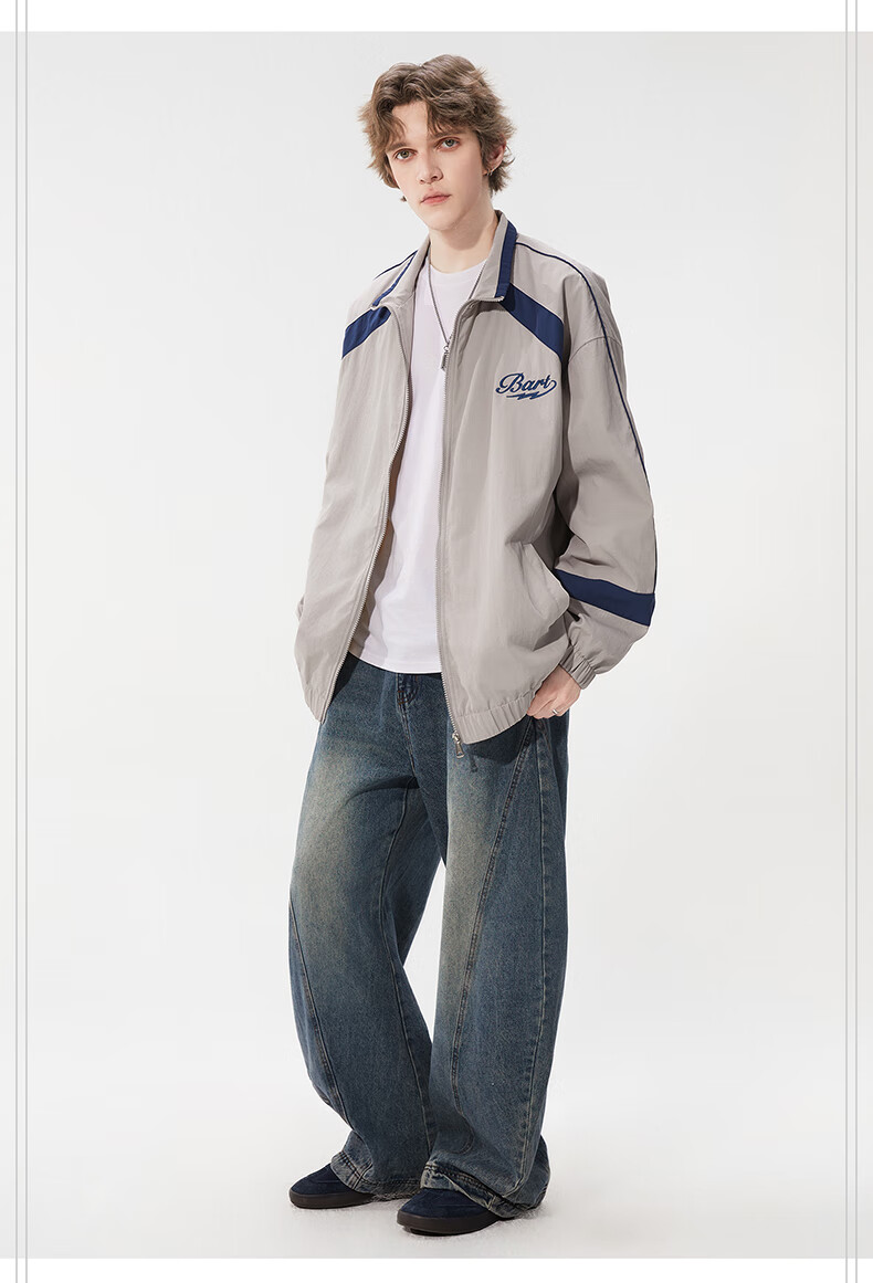 THE SIMPSONS Casual Loose Trendy Embroidered Colorblock Unisex Jacket Coat Gray Regular L 5