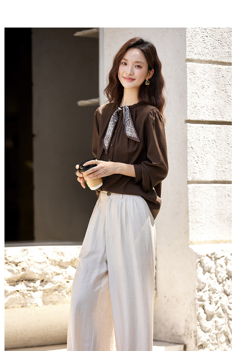 Vimly Vintage Scarf Tie Round Neck Linen Blend Shirt Women Spring New Dark Roast Brown M 7