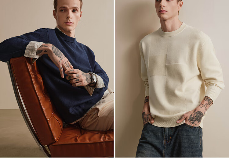 Giordano Designer Men's Knitwear Autumn Winter New Patchwork Textured Crew Neck Blended Wool Sweater 18055805 6