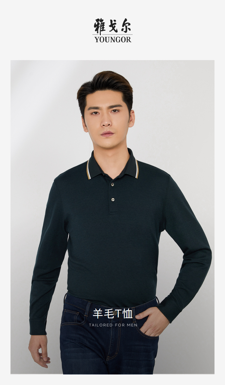 雅戈尔polo衫男士春夏青年男长袖男士polo衫商场同款商务休闲深绿l
