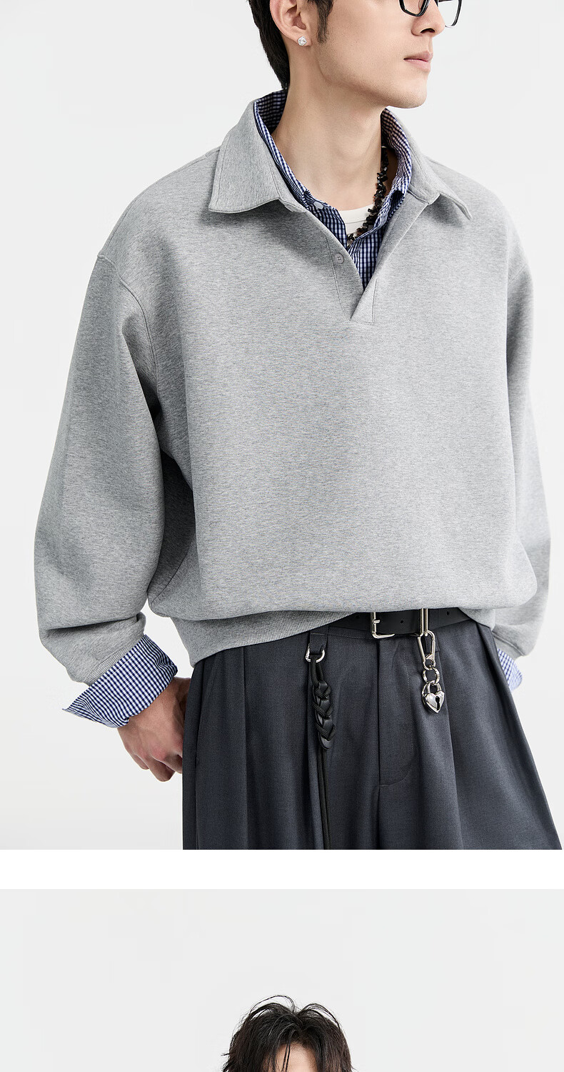 Earl Zore Premium Layered Shirt Collar Pullover Sweatshirt for Men Loose Casual Top 4