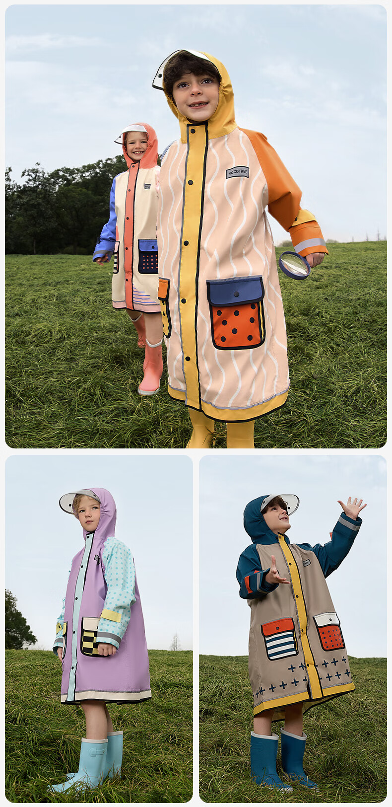 Kocotree Children's Raincoat with Backpack Space, Waterproof Thickened Rain Jacket, Full Body Rain Poncho for Boys And Girls, Windproof Fashionable Raincoat 23