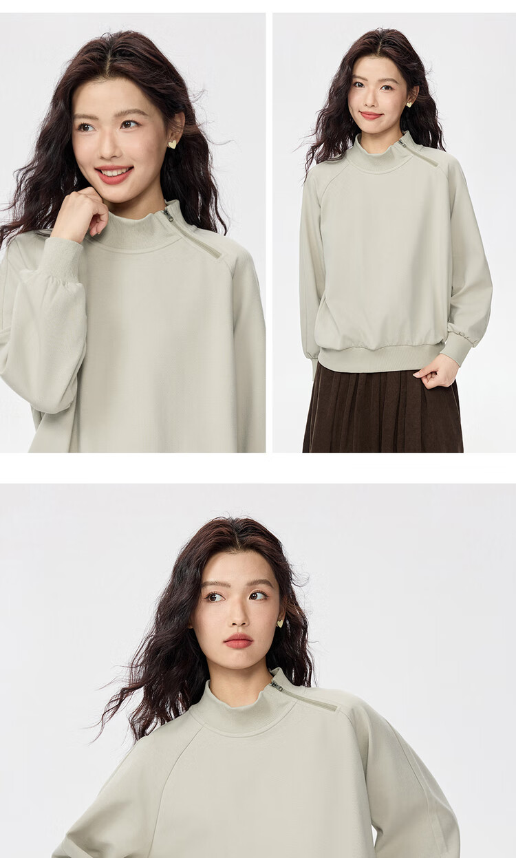 Giordano Women's Autumn Winter New Double-Sided Pullover Sweatshirt Stand Collar Raglan Sleeve Asymmetric Zipper Top 13325756 14