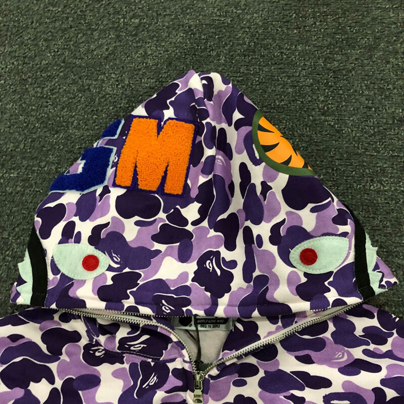 a bathing bape潮牌秋冬紫色鲨鱼迷彩抓绒卫衣男女青年ins宽松休闲连