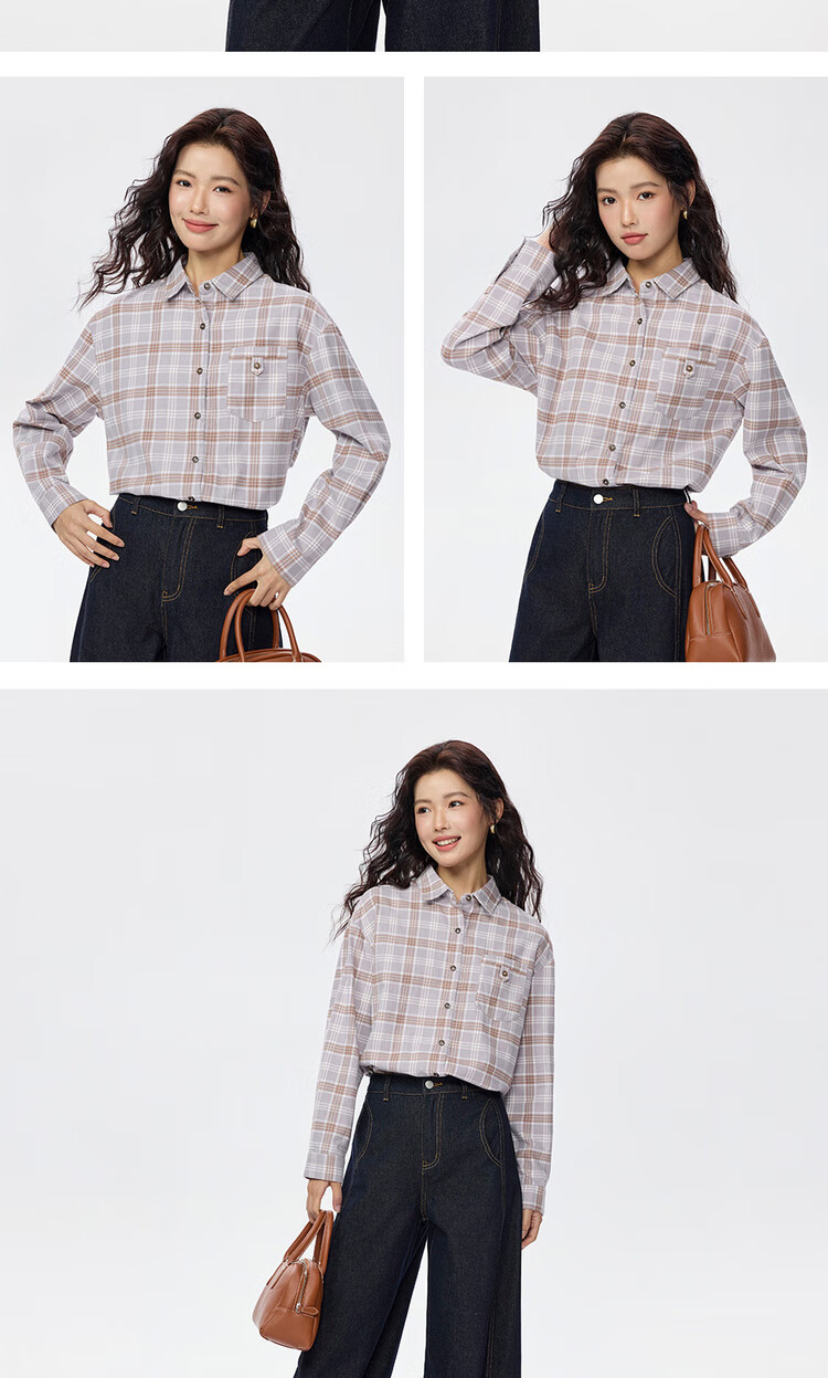 Giordano Women's American Style Plaid Flannel Shirt Autumn Winter New Pure Cotton Loose Long Sleeve Shirt 05345876 10