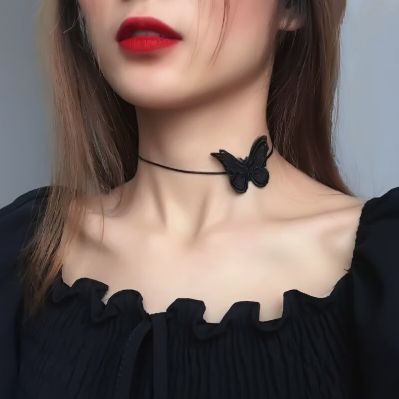 少女心性感薄纱蝴蝶项链女锁骨链黑色颈链日韩脖子饰品choker项圈