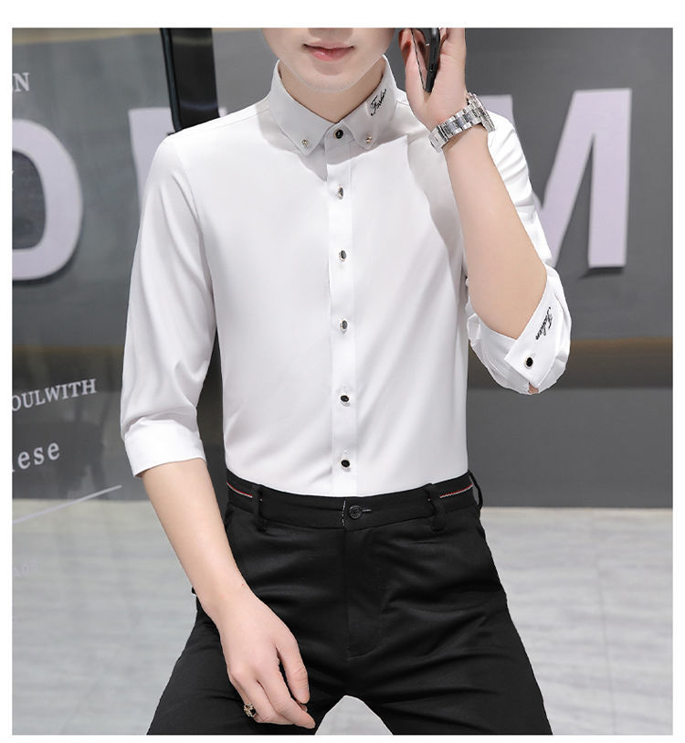 pureup男士刺绣中袖商务免烫衬衣潮流修身弹力衬衫纯色青年男装 蓝色