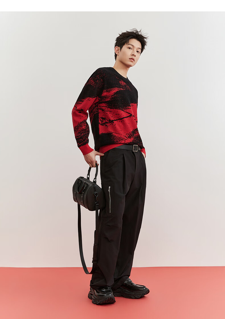 CABBEEN Ink Texture Jacquard Artistic Color-Block Knit Sweater Men 2026 Spring Soft Warm Long Sleeve Pullover 16