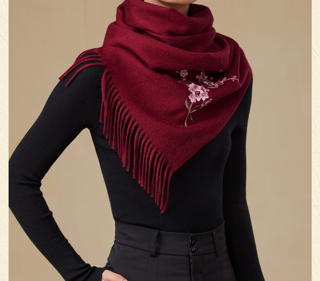 Shanghai Story Extended Embroidery 100% Wool Scarf Gift for Elders and Mom New Year Birthday Autumn Winter Shawl Wrap 10
