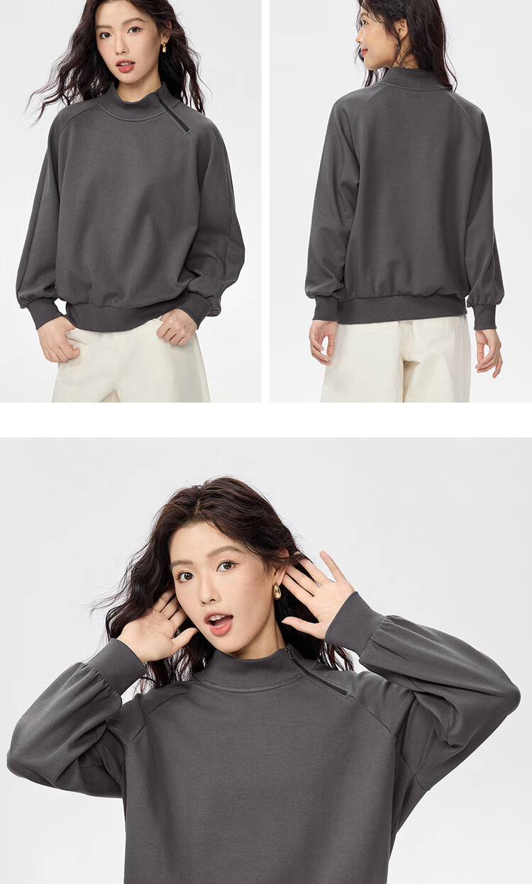 Giordano Women's Autumn Winter New Double-Sided Pullover Sweatshirt Stand Collar Raglan Sleeve Asymmetric Zipper Top 13325756 11