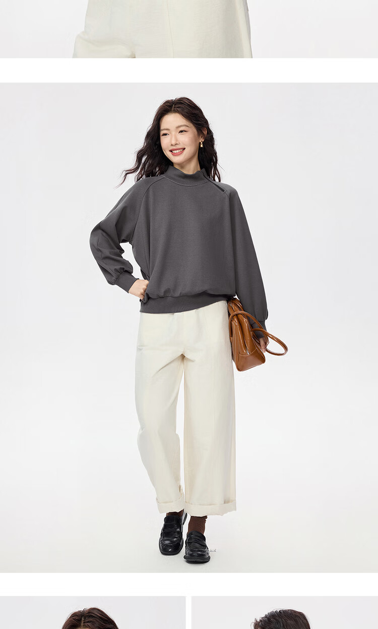 Giordano Women's Autumn Winter New Double-Sided Pullover Sweatshirt Stand Collar Raglan Sleeve Asymmetric Zipper Top 13325756 10