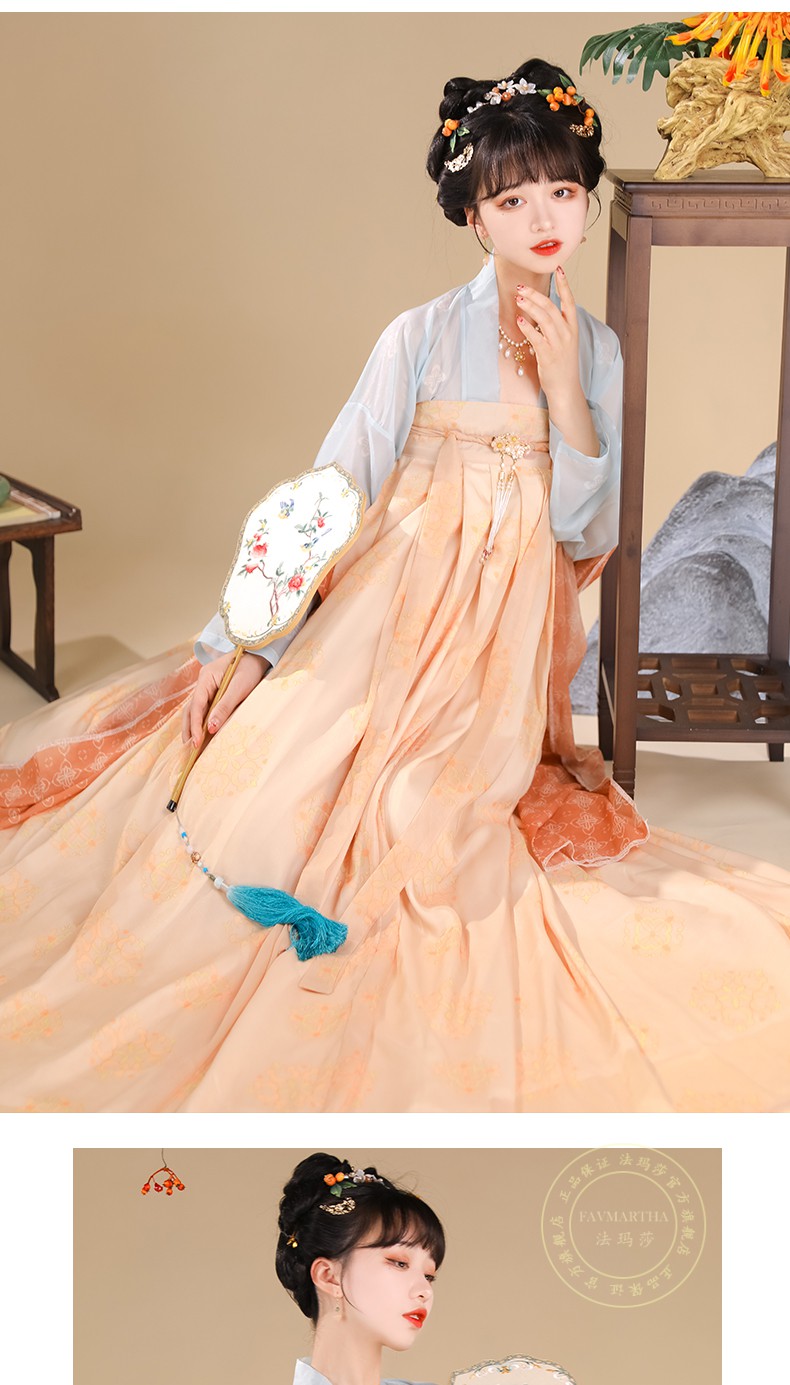 汉服女唐制齐胸唐风一片式襦裙夏季全套 【庭橘】_橙色上杉 雾霾蓝下