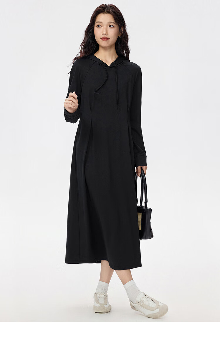 Giordano Women's Long Sleeve Dress New Minimalist Drawstring Hooded Raglan Black Waist Cinched Dress 13465782 8