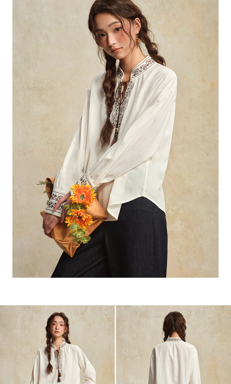 Giordano Designer Women's New Chinese Style Embroidered Tie-Up Stand Collar Loose Long Sleeve Shirt 18345828 10
