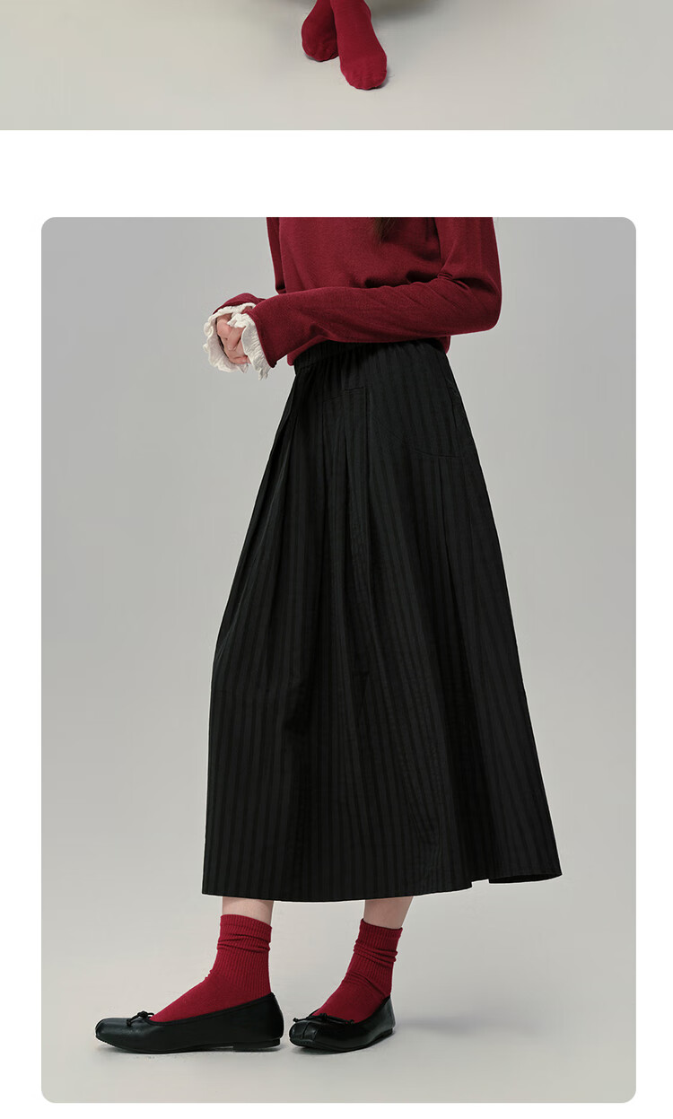 Giordano Designer Women's New Puff Sleeve Black A-Line Skirt with Elastic Waist 18465220 8