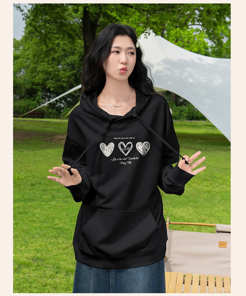 Baleno Women's Autumn Winter Fleece-Lined Navy Blue Hooded Sweatshirt 2025 New Heart Pattern Loose Casual Thick Warm Inner Layer Jacket 14
