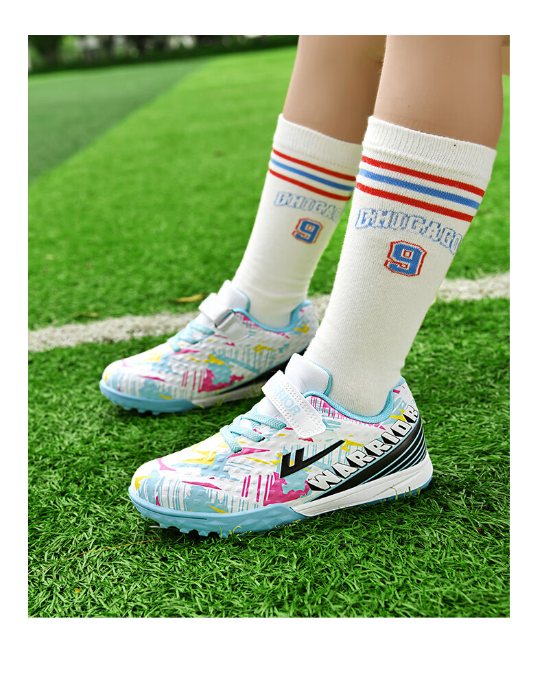 Huili Soccer Cleats with TF Studs, Velcro, No-Tie Design for Men, Women, Children, Students, Campus And Lawn Use, Model 572, Size 29, White And Navy Blue 17