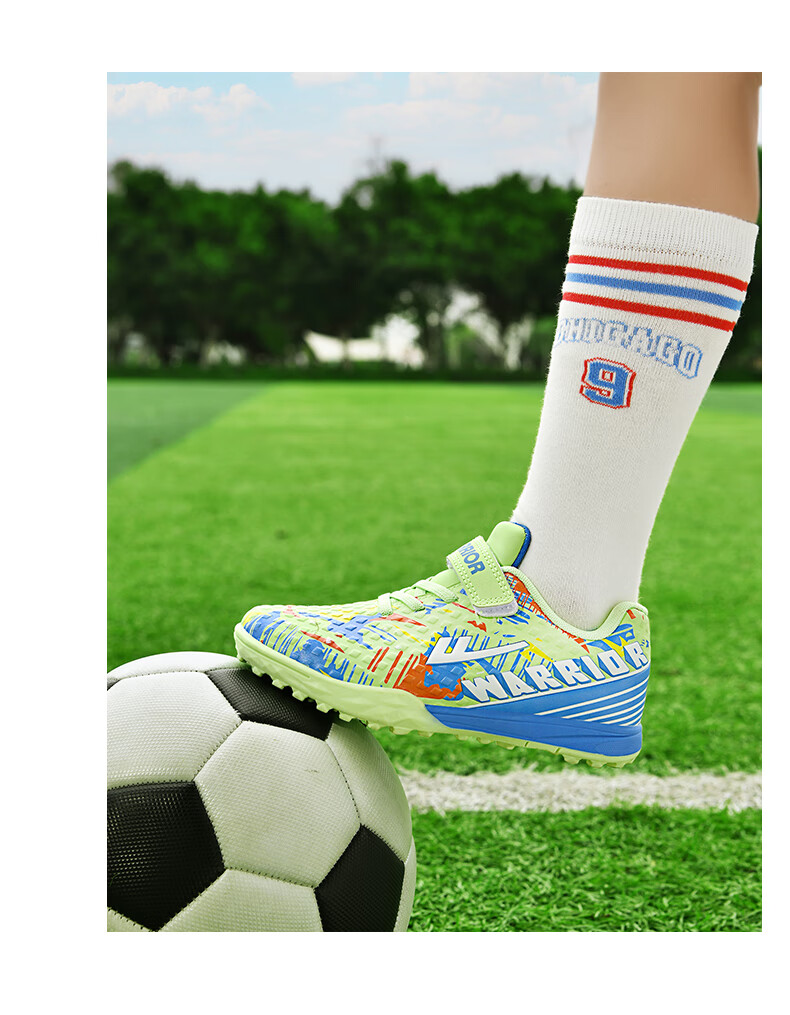 Huili Soccer Cleats with TF Studs, Velcro, No-Tie Design for Men, Women, Children, Students, Campus And Lawn Use, Model 572, Size 29, White And Navy Blue 30