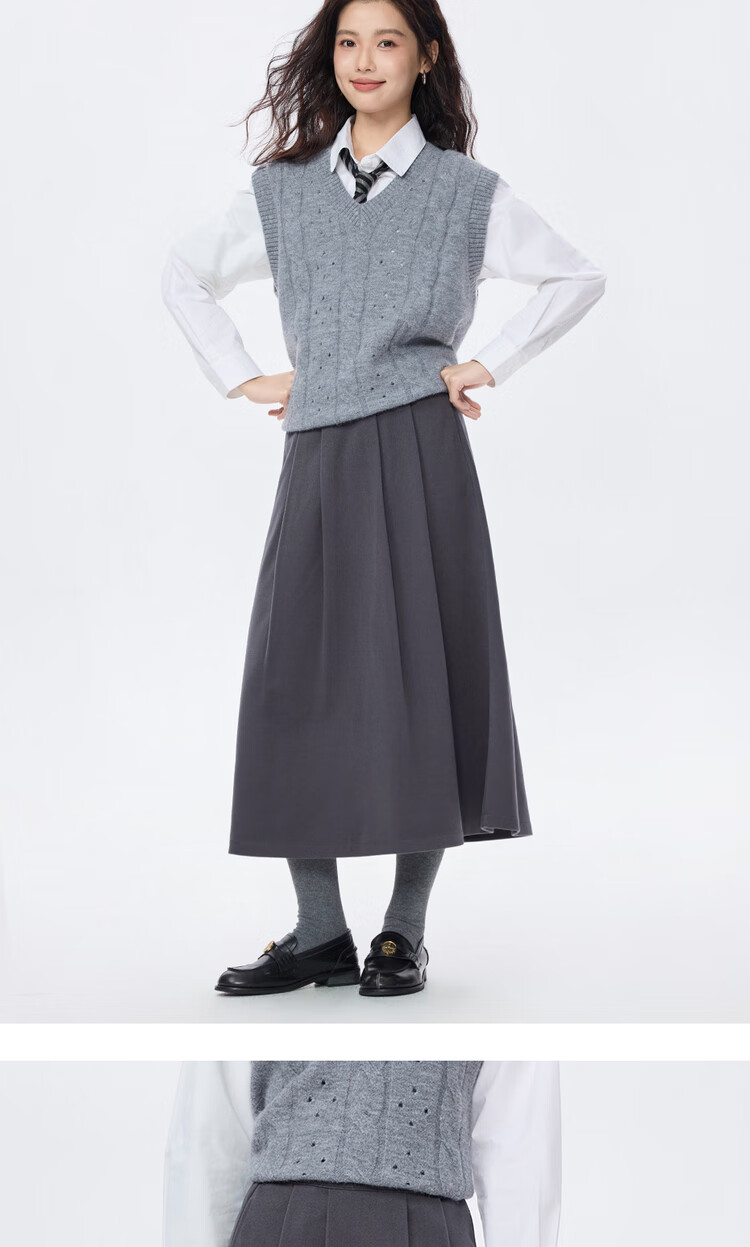 Giordano Women's Faux Wool Pleated A-Line Skirt Autumn Winter New Semi-Elastic Waist Plaid Skirt 05465856 12