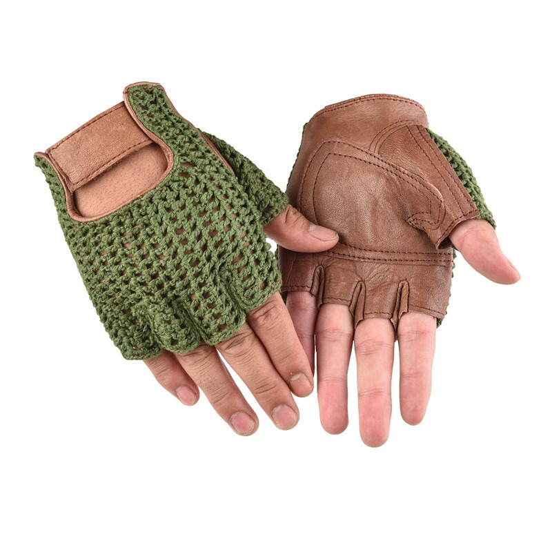 半指手套男秋毛线网真皮健身手套自行车户外运动透气骑行手套 皮网半