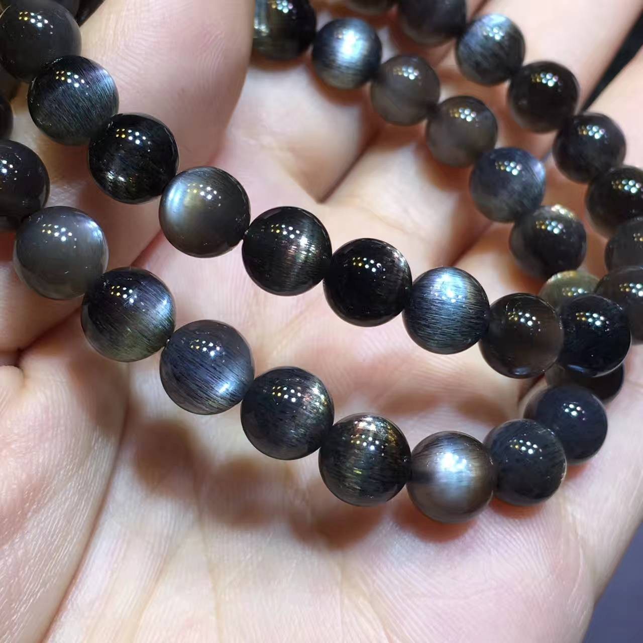 顶盈天然收藏级黑月光石手链骨干发晶手串猫眼太阳石强光水链男女饰品